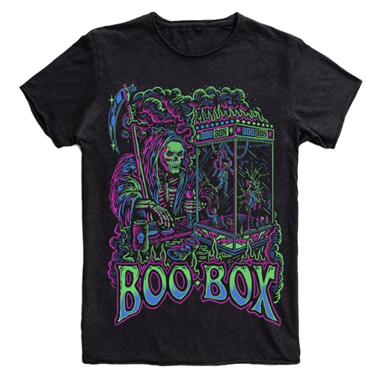 tee shirt of a grim reaper playing the claw machine